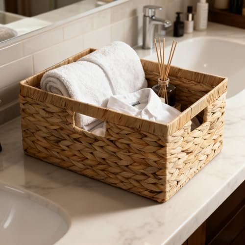 Wicker Storage Basket for Organizing, Handwoven Water Hyacinth Basket with Metal Frame & 3 Handles, 16.5"L x 13"W x 7.5"H