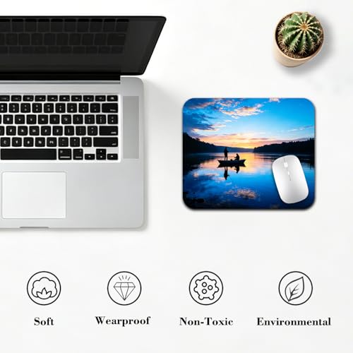 Sunset Lake Fishing Silhouette Mouse Pad 9.5" x 7.9", Calm Blue Water Nature Cute Desk Mat, Serene Scene - color: Fishing Scene