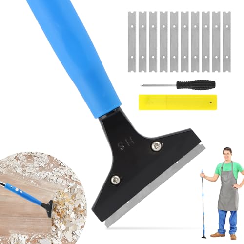 Heavy Duty Floor Scraper, 4" Wide Razor Blade Scraper Tool with 48" Long Handle, 10PCS Extra Metal Blades for Cleaning Wall Glass Floor Paint Gum Stains Stickers Linoleum Stove Top