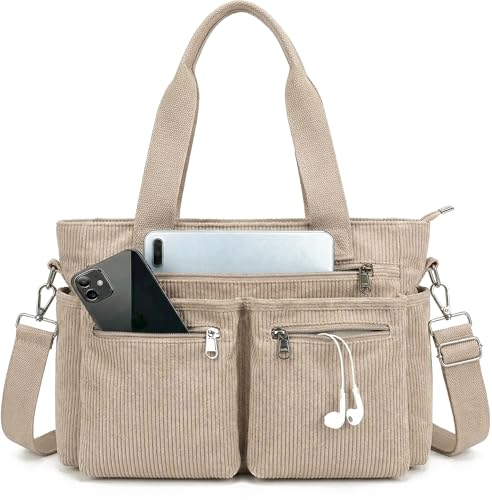 Corduroy Tote Bag for Women with Pockets,Large Crossbody Purse for Laptop,Work,College,Everyday,Travel - color: Khaki