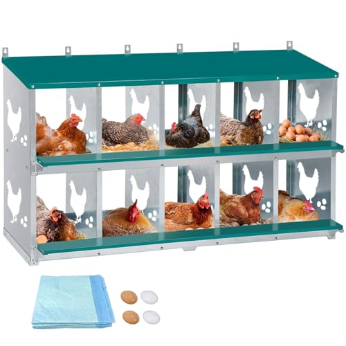 Garvee Large Metal Chicken Nesting Boxes for Hens, 10 Compartment Galvanized Steel Nesting Box, Includes 4 Fake Eggs & 10 Soft Nest Pads, Wall Mount or Freestanding for Coop & Farm - style: 10 Holes