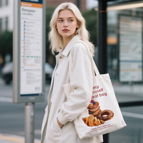 Aesthetic Canvas Tote Bag for Women - with Magnetic Snap Closure & Zipper Inner Pocket Reusable Totes Bag - color: Treatfood1