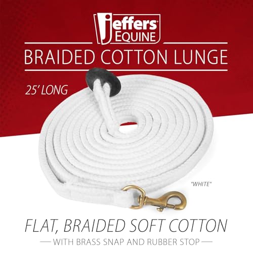 Jeffers Equine 25' Braided Cotton Lunge Line – Soft & Durable Training Rope with Heavy Duty Swivel Snap & Rubber Stop for Secure Grip – Ideal for Travel, Lunging & Horse Training – White