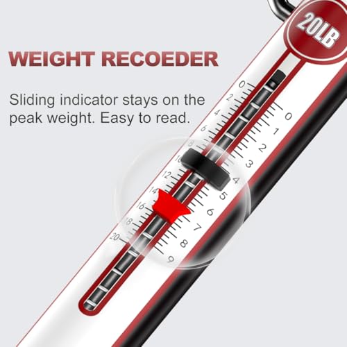 20 LB Aluminum Spring Fish Scale with Peak Marker & Zero Reset | Mechanical Tube Fishing Weighing Gauge with Hook, Non-Digital Hand Held Pull Weigher, Hanging Drag Weight Scale - color: 20lbs