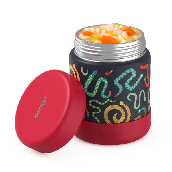 Bentgo Kids Stainless Steel Leak-Proof Food Jar for Hot or Cold Food | 11 fl oz Double Insulated Container with Removable Silicone Bumper, Dishwasher Safe, Easy Open Lid, Ages 3+ (Sssnakes) - color: Sssnakes