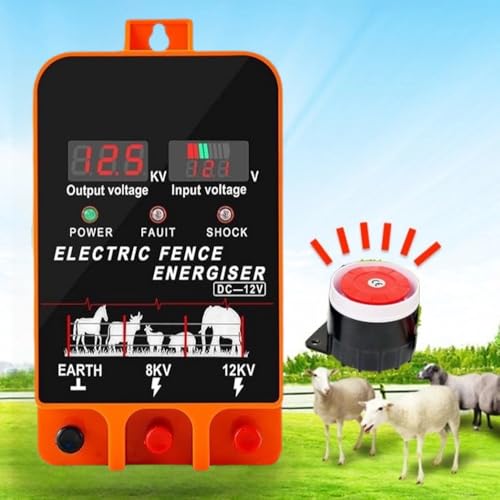 Electric Fence Energizer, 5.5 Joules 200 Acres Electric Fence Charger, AC & DC Power Supply, Output 8KV 12KV for Cattle Cow Horse Goat Pig Livestock, with Alarm and Remote