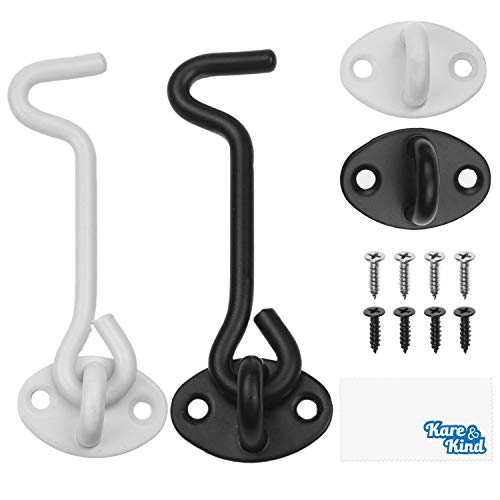 Kare & Kind Hook and Eye Latch (4-inch) - with Mounting Screws - Heavy Duty Locks for Door, Gates, Barns, Bathrooms, Cabins (1-White, 1-Black) - style: 1-White, 1-Black