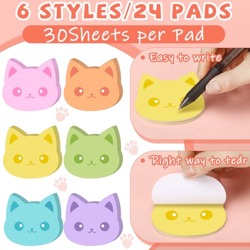 Yinder 24 Pads Cat Sticky Notes Cute Kawaii Cartoon Memo for School | Animal Theme Memo Notepad, Self Adhesive for Office School, Fun Gift for Veterinary Valentine Party Supplies Decor - style: Novelty Cat