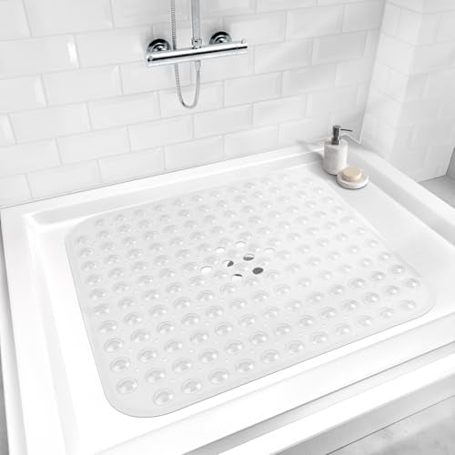 AmazerBath Shower Mat Non Slip 21 x 21 Inches, Square Shower Mat with Suction Cups and Drain Holes, Shower Stall Mat Machine Washable (Clear) - color: Clear, size: 21.3" x 21.3" (Rectangular)