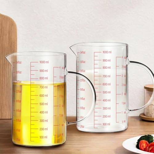 WhiteRhino Glass Measuring Cup,34oz/4Cup/1000ml Liquid Measuring Cups, Measuring Cup With Handle and V-Shaped Spout, Glass Beaker with Three Scales (OZ, Cup, ML), Dishwasher/Freezer/Microwave Safe - color: 4 Cup / 1000ml / 34oz - Glass