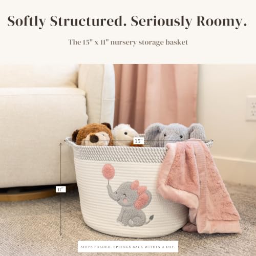Elephant Baby Storage Basket for Girls, Cotton Rope Nursery Bin, 15x11 in | Stuffed Animal and Blanket Storage, Soft Felt Elephant Patch, Pink Baby Room Decor, Shower Gift, Kids Playroom Organizer - color: Girl Elephant