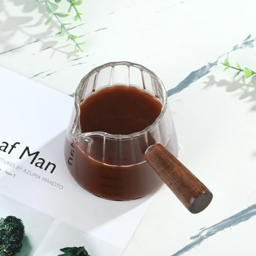 Joeyan 6 oz Glass Measuring Cups with Spout,Borosilicate Glass Triple Pitcher with Scale,Origami Style Espresso Shot Glasses with Wood Handle for Coffee Milk,Dishwasher Safe - color: 6 Oz Single Spout Clear Measuring Cup