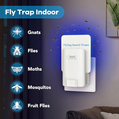 Indoor Fly Trap, Plug-in Fruit Fly Trap with 2 Devices and 6 Sticky Refills | Gnat Trap for Fruit Flies, Gnats, Flies, Moths, and Other Flying Insects—Ideal for Kitchen, Bedroom, and Living Room