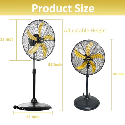 HiCFM 20 inch High Velocity Pedestal Oscillating Fan - UL Safety Listed | 5000 CFM Fan with Powerful 1/5 Motor, 9ft Power Cord, Oscillation, Metal Body with Wheels for Garage, Commercial, Industrial - size: 20 inch