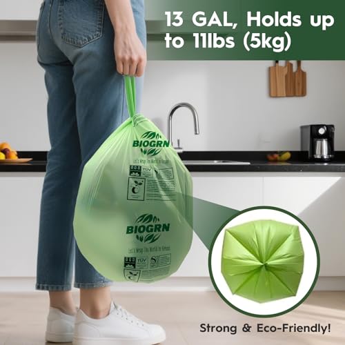 10-13 Gallon Compostable Trash Bags with Handles Tie 30 Bags Biodegradable Garbage Bags Food Scrap Green Waste Bags Thick 0.87 Mil 49.21 Liter ASTM D6400, US BPI and OK Compost Home Certified - color: 13 Gallon Handle Tie, 30 Count