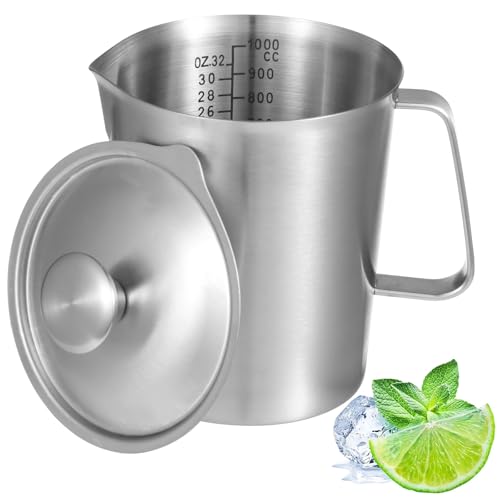 Stainless Steel Pitcher with Lid, 32 oz Measuring Cups with Dual-Scale Markings, Milk Frothing Jugs, Large Beakers for Espresso Machine, Hot/Cold Water, Latte Art, Iced Tea