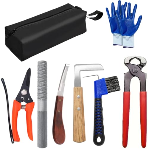 10 inch Farrier Tool Kits, 8 Piece, Horse Goat Hoof Trimmers | Carbon Steel Nippers Shears Nail Clipper, Mini Rasp Hoof File, Professional Farriers Hoof Nipper Cutter Handle Knife