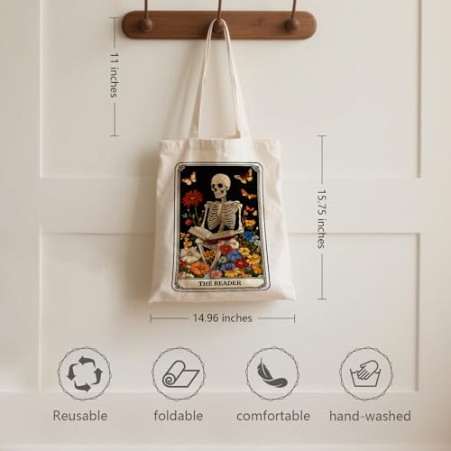 Aesthetic Canvas Tote Bag for Women - with Magnetic Snap Closure & Zipper Inner Pocket Reusable Totes Bag - color: Skeletonreading1