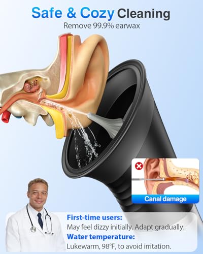 Ear Wax Removal with One-Piece Waste Tank, Powered Ear Wax Remover, IPX7, 5000mAh, 12 Tips, 3 Pressure Modes, Safe & Effective Ear Cleaning Electric Water Irrigation System at Home
