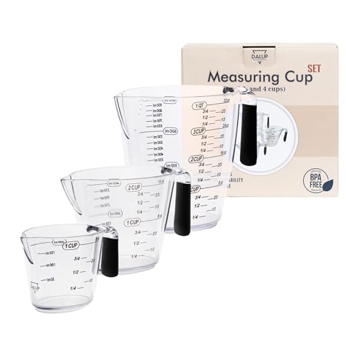 Dalup Measuring Cup Set – Clear Plastic Liquid Measuring Cups (8/16/32 oz) with Spout & Non-Slip Handle | 3-Piece Plastic Measuring Cup Set for Liquids & Dry Ingredients