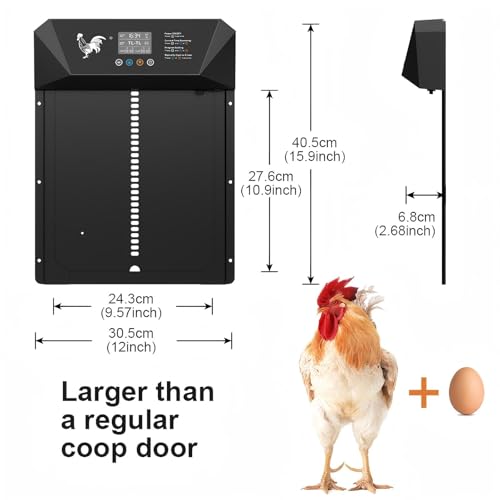 Large Size Automatic Chicken Coop Door Solar Powered,15.9"H x 12"L x 2.68"W,Aluminum Alloy Chicken Door with LCD Display,Timer & Light Sensor,4 Control Modes,Anti-Pinch Coop Door with Remote Control