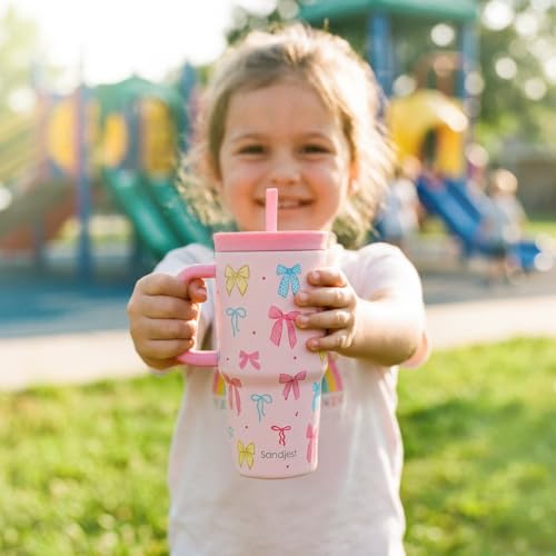SANDJEST Bow Stainless Steel Tumbler 20oz with Handle and Silicone Straw Locking Lid for Kids Girls, Birthday Christmas Back to School - color: Bow 1