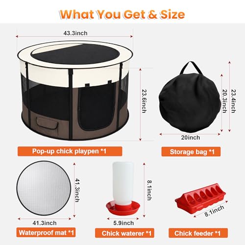 Large Chicken Brooder Box- Chick Starter Kit Includes Pop Up Chicken Playpen Tent, Waterproof Mat, Chick Feeder and Waterer, Portable Chicken Brooding Pen Up to 20 Chicks,Quail,Duck for Indoor Outdoor