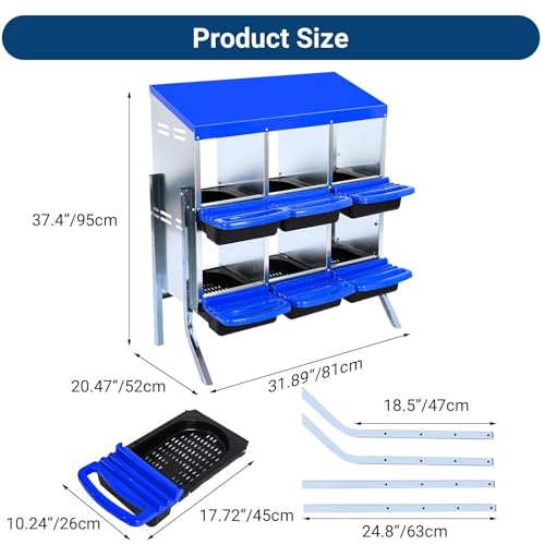 Chicken Nesting Boxes, 6 Hole Metal Chicken Laying Box with with Removable Trays and Roll Out Egg Collection for Chicken Coop, with Metal Bracket, Blue - color: Blue, size: 35.4"L x 17.5"W x 9.1"H
