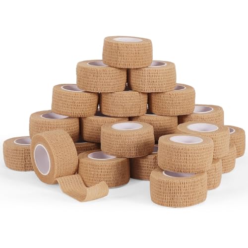 24 Rolls Elastic Self Adhesive Bandage Wrap 1 Inch, Breathable Non Woven Cohesive Bandage, Vet Wrap for Dogs, Ankle Sprains Swelling Medical First Aid Tape, Sports Athletic Tape (Brown) - color: 1 Inch-24 Count Brown