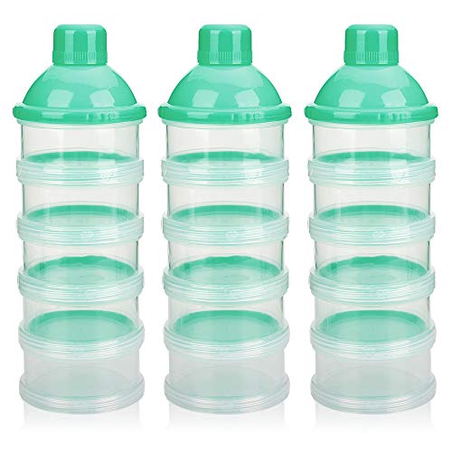 Accmor Formula Dispenser On The Go, 5 Compartments Stackable Formula Container for Travel, Baby Milk Powder Kids Snack Container, BPA Free - color: Green-3pc