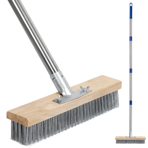 Stainless Steel Deck Scrub Brush, Outdoor Broom for Concrete, Deck, Cement Floor Cleaning, 56" Long Handled Heavy Duty Floor Scrubber