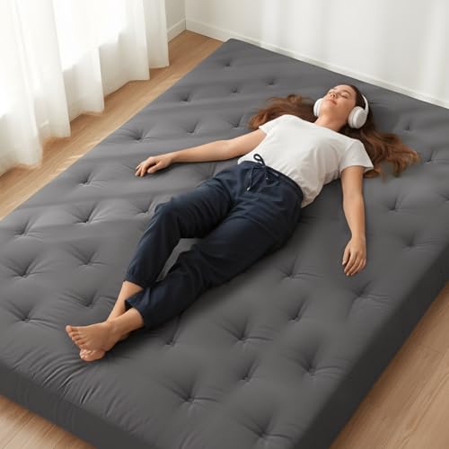 ZonLi Japanese Floor Futon Mattress 100% Cotton Washable Cover Foldable | 80" x 60" Queen Size 6" Thick Tatami Mat Sleeping Pad, Roll Up Floor Lounger Bed for Guest, Dormitory, Camping & Travel - color: Grey, size: Queen(80"L x 60"W x 6"Th)