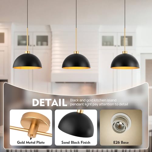 3-Light Black and Gold Dome Pendant Light Fixtures | Farmhouse & Industrial Style, E26 Base, Height Adjustable, Easy Installation, for Dining Room Bar Kitchen Island - color: Black-3 Lights
