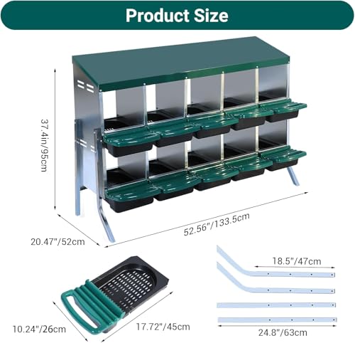 Chicken Nesting Box, 10 Compartments Roll Away Eggs Laying Boxes, Cleanable Pull Out Hen Roosting Boxes with Mental Leg, Durable & Easy to Install, Green - color: Green, size: 10 holes with legs
