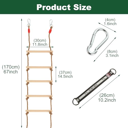1 Pcs 6.5 Ft Climbing Rope Ladder for Kids, Wooden Rope Hanging Ladder, Rope Ladder for Treehouse Outdoor and Indoor Swing Set Accessories