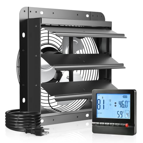 Amico 10" Shutter Exhaust Fan, Remote Thermostat & Humidity 13W DC 1068 CFM | 8-Speed Auto Adjust Wall Mount Vent Fan, for Greenhouse, Garage, Chicken Coop, Gable Wall Vent, Quiet, 3-Year Protection - size: 10 Inch