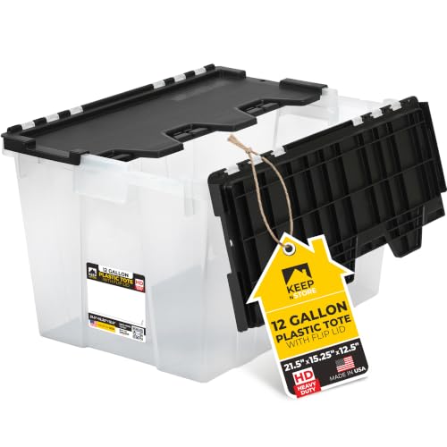 12 Gallon Heavy Duty Plastic Storage Tote with Flip Lid 21.5"×15.25"× 12.5" | Pack of 1 USA Made Reinforced Storage Container - Stackable Design, Wipe-Clean Label - for Home & Garage Organization - style: Heavy Duty