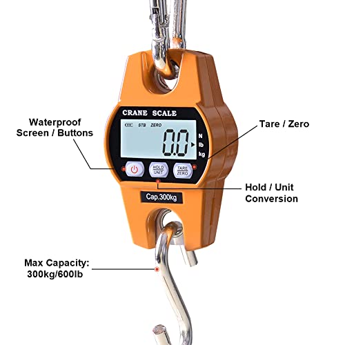 Fuzion Hanging Scale 660LB - Heavy Duty Crane Scale with Aluminum Body | Stainless Steel Hook, Hold/Tare Function, Large Display, Digital Hanging Scales for Weighing Animals, Hays, Fish, Luggage - color: Tropical Orange, size: 660LB