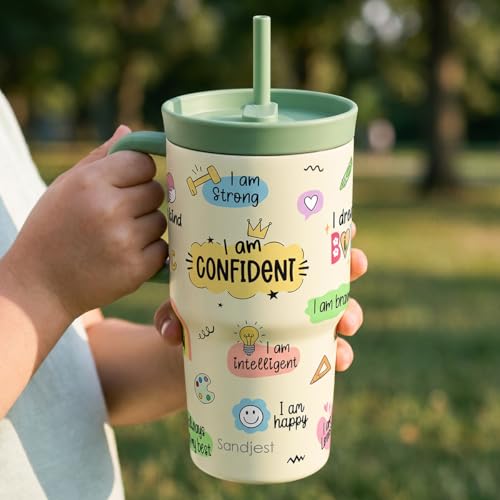 SANDJEST Inspiration Tumbler 20oz with Handle and Silicone Straw Locking Lid for Kid, Girls, Boys Reusable Stainless Steel Water Bottle, Spill Proof and Leak Resistant - color: Inspiration