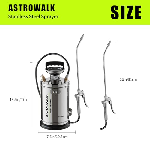 1.5 Gallon Stainless Steel Pump Sprayer with 20" All-Steel Wand & 4FT Reinforced Hose for Lawn Care, Weed Treatment & Pest Control, Includes Viton & EPDM Seals, Gloves - size: 1.5G/6L
