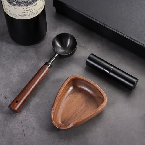 3pcs Coffee Bean Dosing Cup Set, Walnut Wood Cup Dosing Spoon Spray Bottle | Coffee Bean Dosing Cup Set in Gift Box, Static Reduction Precise Measuring for Espresso Tea Coffee Bar Accessories Kit - color: Black and Brown