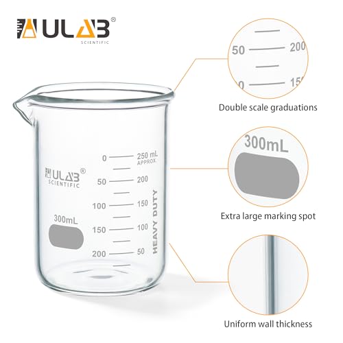 ULAB Scientific Glass Beaker Set, Vol. 300ml, 3.3 Borosilicate Griffin Low Form with Printed Graduation, Pack of 6, UBG1023 - style: 6pcs of Vol.300ml, Low form