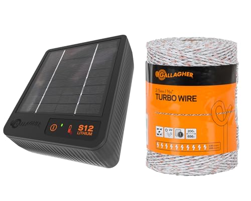 Gallagher S12 Solar Energizer and 3/32" Diameter x 656' Turbo Wire with 9 Mixed Metal Strands for 40x More Conductivity and Extreme Power | Kit for Livestock, Gardens, Orchards, Pets, and More