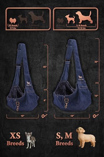 Noah & Paw Dog Sling Carrier for Small Dogs 3-10lb, Dog Sling for Small Dogs and Cats, Dog Carrier with Adjustable Padded Strap, Premium Denim, Lined with Fur, Double Safety Feature, Machine Washable - color: Dark Blue, size: 15.0"L x 6.0"W x 5.5"H