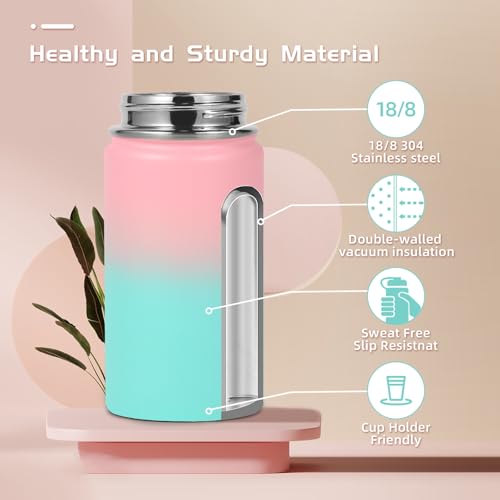 Volhoply 14oz KIds Stainless Steel Insulated Leakproof Water Bottle with Straw Lid and Silicone Boot,BPA-Free Easy Use for Boys&Girls,Double Wall Vacuum Bottles(Pink Green,1) - color: Pink Green