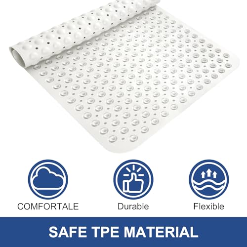 Square Shower Mat Non Slip: 32" x 32" Large Shower Mats for Inside Shower - Soft TPE Cuttable Anti Slip Shower Floor Mat with Drain Holes and Suction Cups - color: White