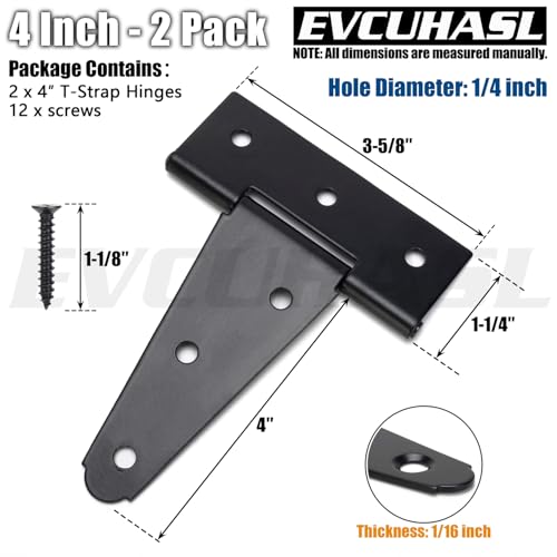 4 Inch T-Strap Gate Hinges, Shed Barn Door Hinges Heavy Duty, Black Tee Hinges for Wooden Fences, Yard Gate, Wrought Hardware Iron Rustproof (2 Pack/Set) - size: 4 Inch