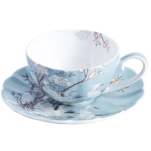 8oz Blue Fine Bone China Coffee Cup with Saucer,Colored Flowers,White Crane Porcelain Tea Cup and Saucer | Vintage Porcelain Coffee Cup with Scalloped Rim for Women and Tea Parties