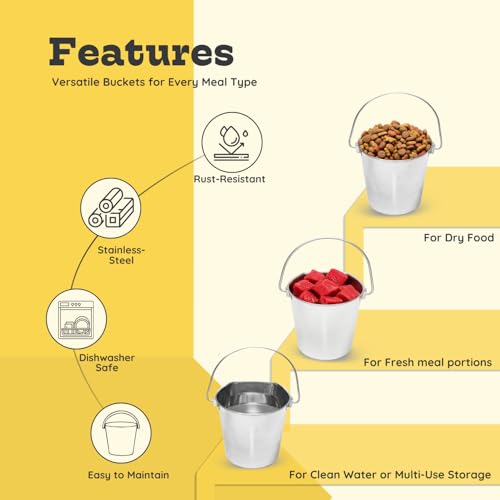 Flat Side Stainless Steel Bucket 2 Quart Hanging Feeding Utility Pail for Small Dog Cat Birds, Fits Kennel Cage Compatible, Heavy Duty Food & Water Feeder, 0.5 Gallon Silver Bucket 4 Pack - size: 2 Quart (Pack of 4)