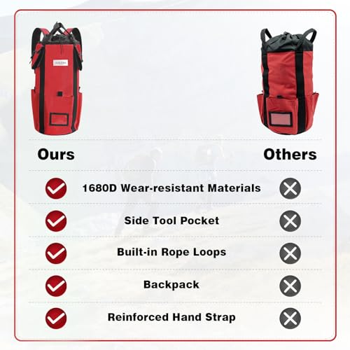 AOLEBA Arborist Rope Storage Bag Tree Climbing Rock Rope Bucket Backpack Rope Storage Bag Large Capacity 1680D Thicken Nylon Material with Hand Straps, Side Pockets - color: Red